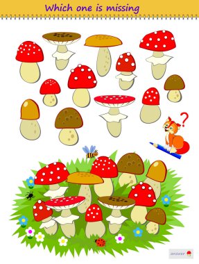 Çocuklar ve yetişkinler için mantıksal bulmaca oyunu. Çayırda hangi mantarlardan biri kayıp? Çocuk beyinli muziplik kitabı için basılabilir sayfa. Uzaysal düşünme becerileri geliştiriyorum. IQ testi. Çevrimiçi oyna.