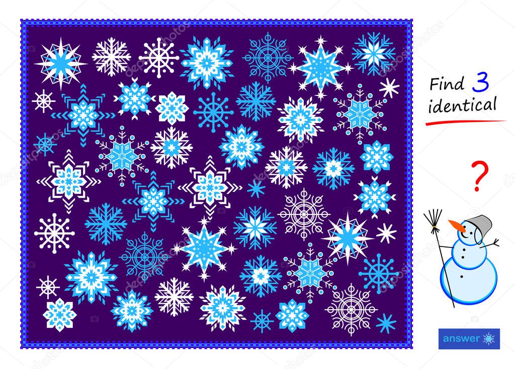 Logic puzzle game for children and adults. Find 3 identical snowflakes. Printable page for kids brain teaser book. Developing spatial thinking skills. IQ test. Task for attentiveness. Play online.