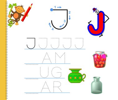 J harfinin izini sürmeyi öğren. İngilizce sözcükler çalış. Çocuklar için çalışma çizelgesi. Anaokulu için ABC ile eğitim oyunu. Yazmak ve okumak için çocuk becerileri geliştiriyor. Vektör çizgi film illüstrasyonu.