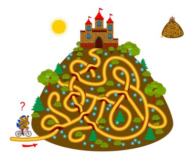 Çocuklar ve yetişkinler için labirent ile mantıklı bulmaca oyunu. Yolu bul ve postacının mektubu kaleye götürmesine yardım et. Çocuk zeka oyunu kitabı için çalışma tablosu. IQ testi. Çevrimiçi çalma.