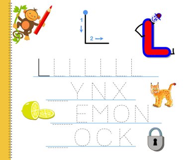 L harfinin izini sürmeyi öğren. İngilizce kelimeler çalış. Çocuklar için çalışma çizelgesi. Anaokulu için ABC ile eğitim oyunu. Yazmak ve okumak için çocuk becerileri geliştiriyor. Vektör çizgi film illüstrasyonu.