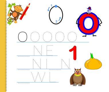 O harfinin izini sürmeyi öğren. İngilizce sözcükler çalış. Çocuklar için çalışma çizelgesi. Anaokulu için ABC ile eğitim oyunu. Yazmak ve okumak için çocuk becerileri geliştiriyor. Vektör çizgi film illüstrasyonu.