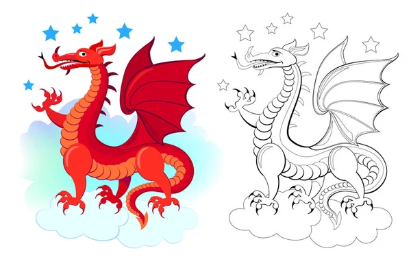 Colorful Black White Page Coloring Book Illustration Fantastic Red Dragon — Stock Vector