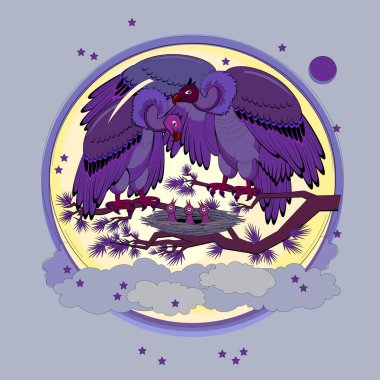 Yuvasında baba, anne ve bebekleri olan tatlı bir akbaba ailesi. Cam top, tehlikeli bir çevreden korunmayı ve izolasyonu simgeliyor. Çocuklar için fantezi illüstrasyonu Kuşlarla ilgili peri masalı.