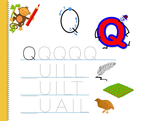 Q harfinin izini sürmeyi öğren. İngilizce sözcükler çalış. Çocuklar için çalışma çizelgesi. Anaokulu için ABC ile eğitim oyunu. Yazmak ve okumak için çocuk becerileri geliştiriyor. Vektör çizgi film illüstrasyonu.