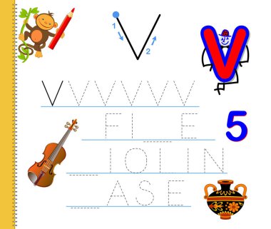 V harfinin izini sürmeyi öğren. İngilizce kelimeler çalış. Çocuklar için çalışma çizelgesi. Anaokulu için ABC ile eğitim oyunu. Yazmak ve okumak için çocuk becerileri geliştiriyor. Vektör çizgi film illüstrasyonu.