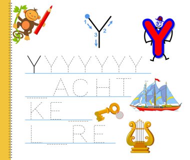 Y harfinin izini sürmeyi öğren. İngilizce sözcükler çalış. Çocuklar için çalışma çizelgesi. Anaokulu için ABC ile eğitim oyunu. Yazmak ve okumak için çocuk becerileri geliştiriyor. Vektör çizgi film illüstrasyonu.