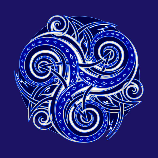 Фантастический орнамент с кельтским диском и символом Трискеле. Бретонский народный знак. Печать для логотипа, иконы, вышивки, украшения. Тройная спираль геометрической окружности.