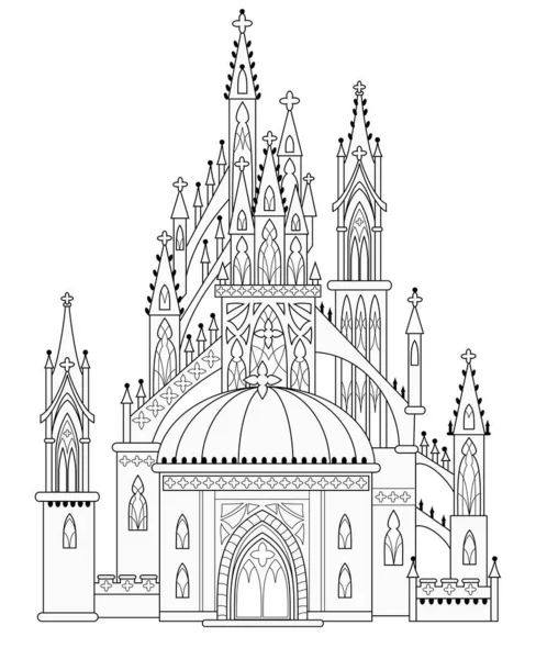 Fantasievolle Zeichnung Einer Mittelalterlichen Gotischen Burg Westeuropa Märchenreich Schwarz Weiße — Stockvektor