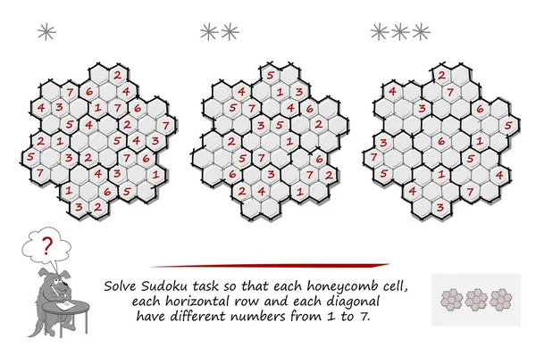 成组的须户字谜3级难度 逻辑游戏 为脑筋急转弯的书页 求解任务 使得每个蜂窝 每个水平行和每个对角线都有1到7个不同的数字 — 图库矢量图片