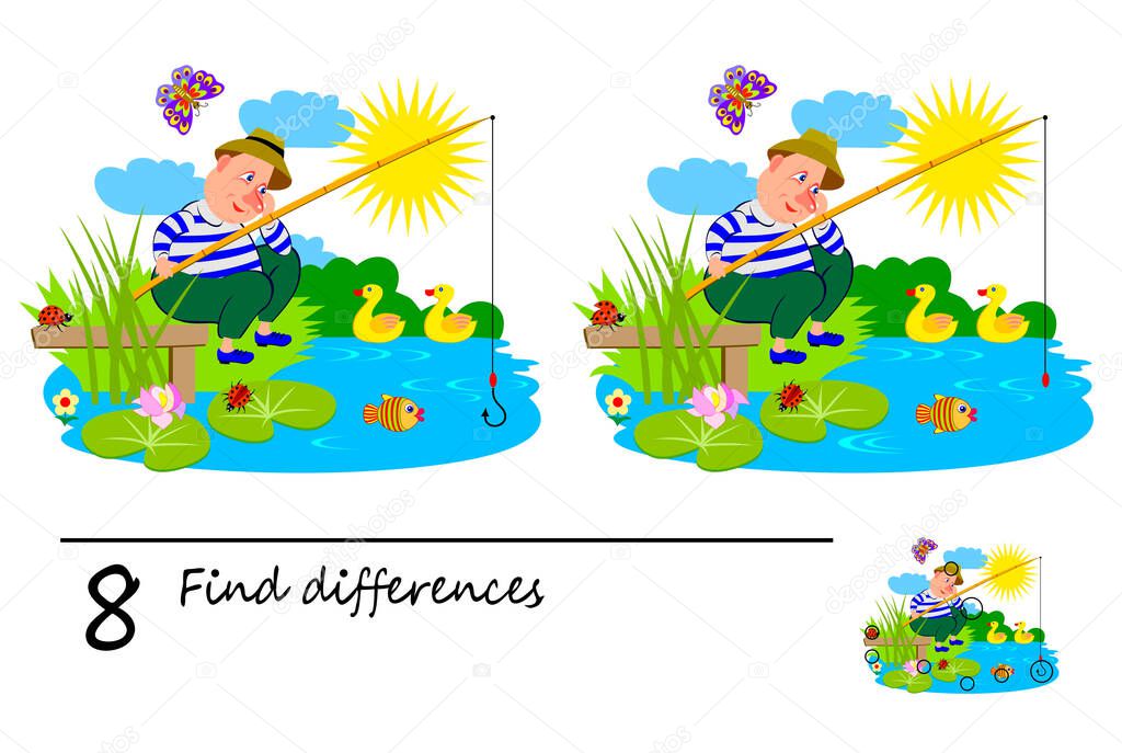 Find 8 differences. Logic puzzle game for children and adults. Page for kids brain teaser book. Illustration of a happy fisherman. Task for attentiveness. Play online. Developing counting skills.