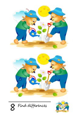 8 farklılık bul. Çocuklar ve yetişkinler için mantıksal bulmaca oyunu. Çocuklar için zeka oyunu kitabı. Bahçede çalışan iki sevimli ayının tasviri. İnternette oyna. Sayma becerileri geliştiriliyor.
