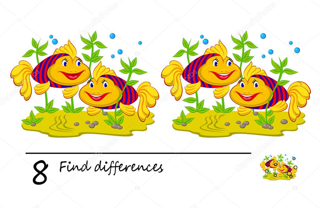 Find 8 differences. Logic puzzle game for children and adults. Brain teaser book for kids. Illustration of underwater life and two cute fishes. Play online. Developing counting skills.