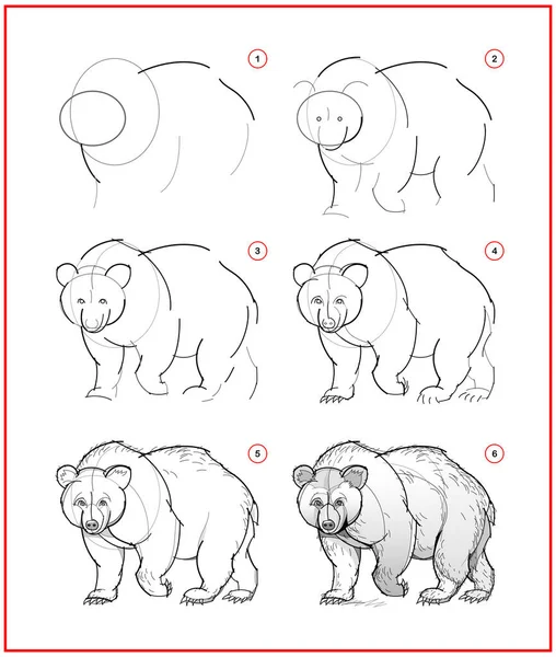页面展示了如何学习如何画可爱熊的草图 一步一步地画铅笔 艺术家教育网页 发展艺术技能的教科书 网上教育 — 图库矢量图片
