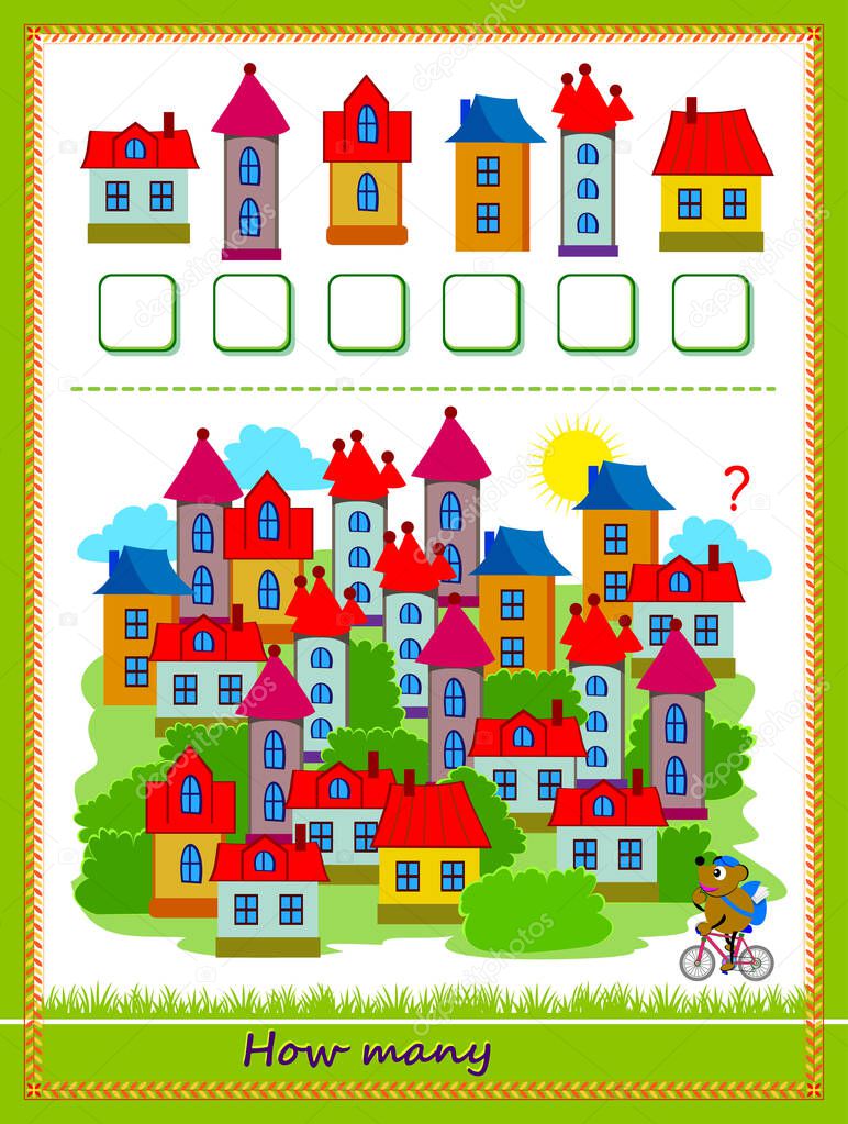 Mathematical education for children. Count quantity of houses and write numbers. Developing counting skills. Logic puzzle game. Worksheet for school textbook. Kids activity sheet. Play online.
