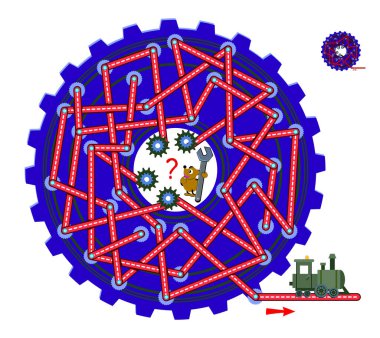Çocuklar ve yetişkinler için labirent ile mantıklı bulmaca oyunu. İşçiye motora giden yolu bulması için yardım et. Çocuk zeka oyunu kitabı için çalışma tablosu. IQ testi. Çevrimiçi oyun. Düz vektör.