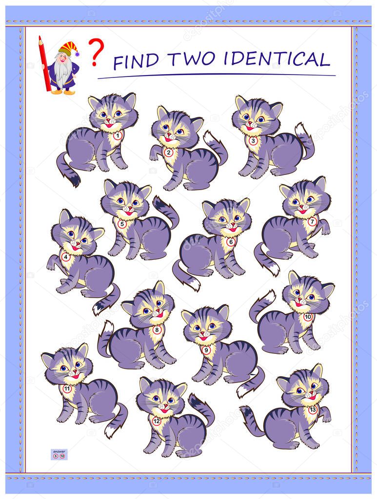 Logic puzzle game for children and adults. Find two identical kittens. Printable page for kids brain teaser book. Developing spatial thinking skills. IQ test. Task for attentiveness. Play online.