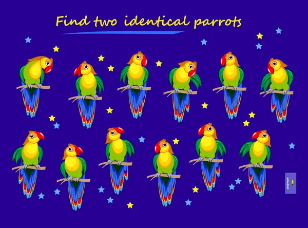 Logická Puzzle Hra Pro Děti Dospělé Najděte Dva Identické Papoušky — Stockový vektor