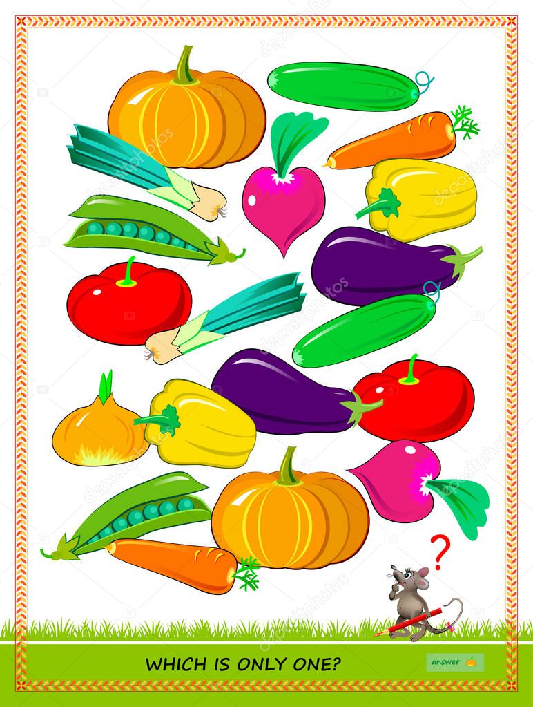 Logic puzzle game for children and adults. Need to find the vegetable which is only one. Printable page for kids brain teaser book. Developing spatial thinking skills. IQ test. Play online.