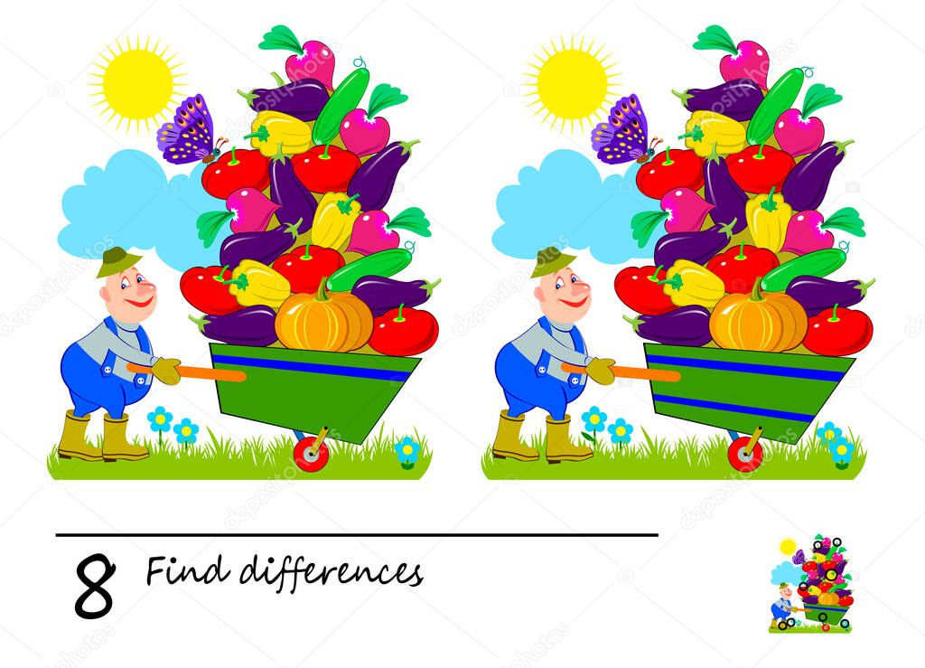 Find 8 differences. Logic puzzle game for children and adults. Brain teaser book for kids. Illustration of a happy gardener and wheelbarrow with vegetables. Play online. Developing counting skills.
