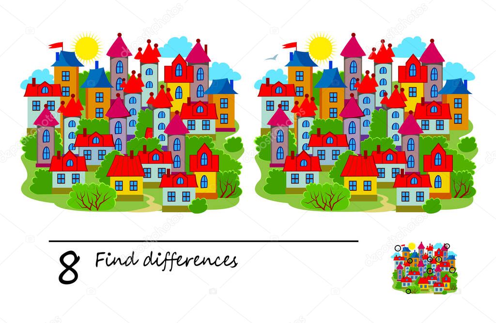 Find 8 differences. Illustration of a town and houses. Logic puzzle game for children and adults. Brain teaser book for kids. Play online. Developing counting skills. Task for attentiveness. IQ test.