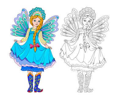 Çocuk boyama kitabı için renkli, siyah ve beyaz bir sayfa. Peri elbisesi içindeki şirin küçük kız çizimi. Çocuklar ve yetişkinler için çalışma tablosu. El çizimi vektör. Çocuk yaşam tarzının bir yansıması.