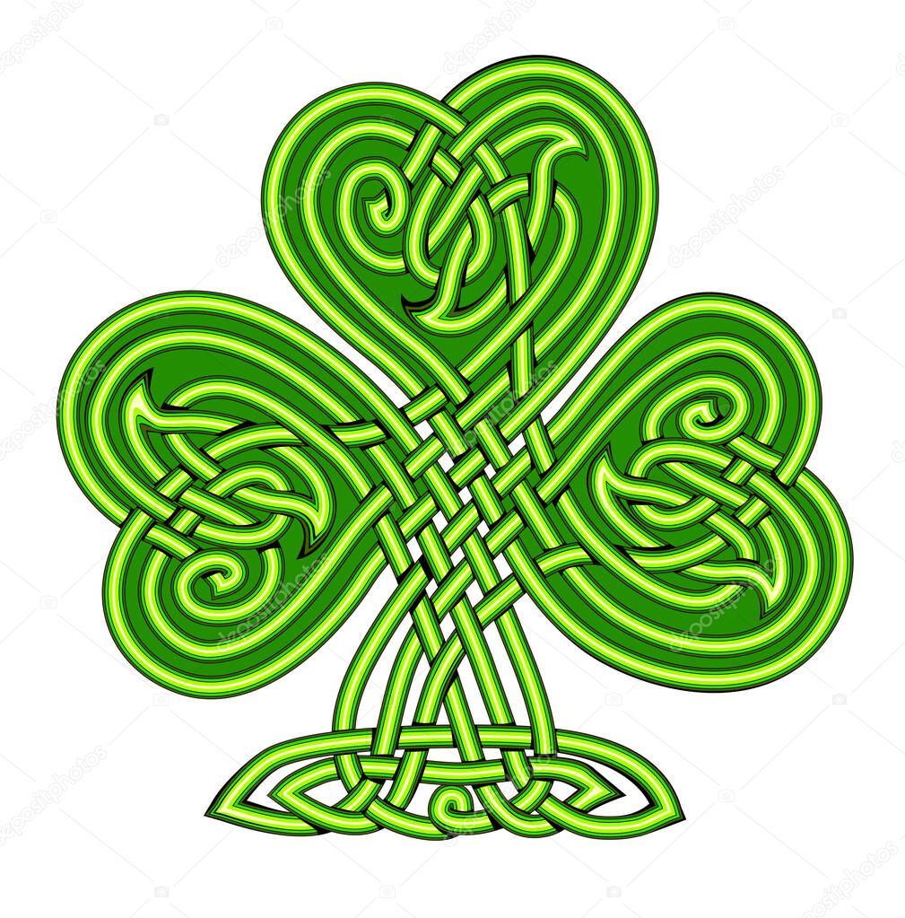 Beautiful shamrock decoration with Celtic knot pattern. Ancient St. Patrick day symbol. Irish ethnic drawing. Print for logo, icon, coin, tattoo, t-shirt. Hand drawn vector illustration.