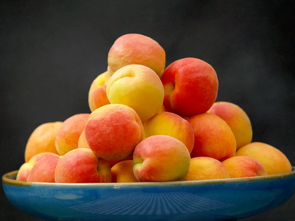 Blue Dish Red Yellow Apricots — Stock Photo, Image