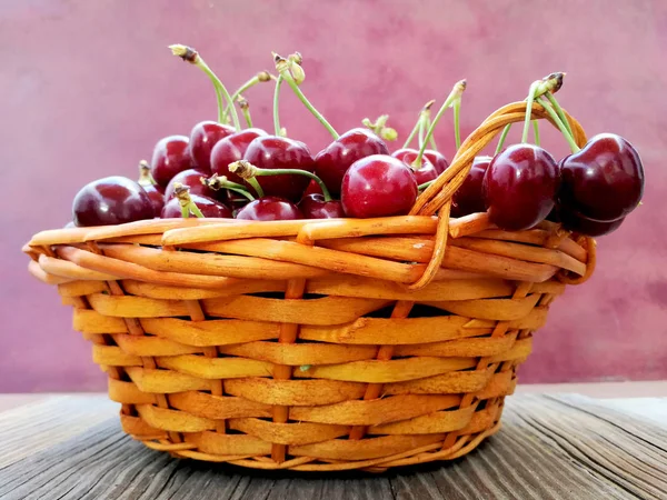 Basket Cherries Old Wooden Background — Stock Photo, Image