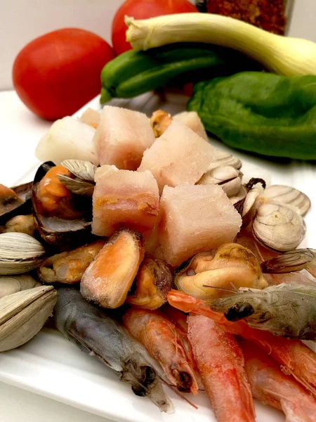 Poissons Fruits Mer Légumes Pour Préparer Paella Espagnole — Photo