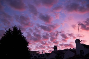 Kentsel silueti ve alacakaranlıkta cirrocumulus bulutlar ile gökyüzü,