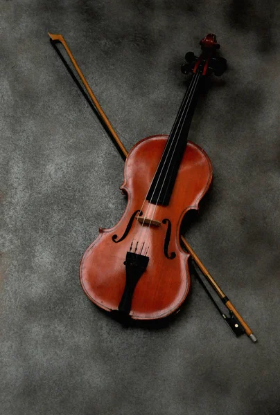 小提琴和灰色的背景上的蝴蝶结 — 图库照片