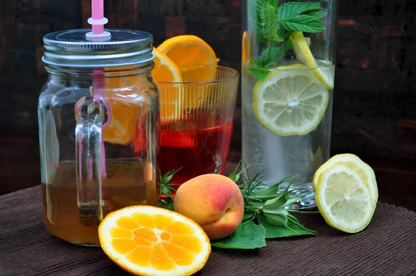 Glasses Refreshing Drinks Fruits Herbs Old Wooden Background — Stock Photo, Image