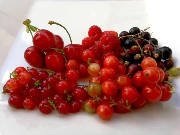 Red Fruits Berries White Tray — Stock Photo, Image