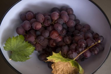 yukarıdan görülen bir kapta siyah üzüm demetleri