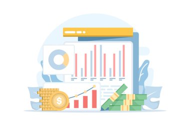 Finansal ve ticari büyüme kavramının düz vektör çizimi. Takım çalışması, satış stratejisi, şirket bütçesi, gelir büyümesi ve iş ve kurumsal emlak sayfaları için yatırım planlaması.