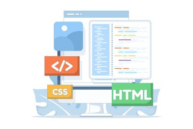 Web geliştirme konseptinin düz vektör illüstrasyonu. HTML, CSS ve IT araçları kullanan çizgi film programcıları kodlama web siteleri, UI tasarımı, programlama ve yazılım geliştirme odaklı.