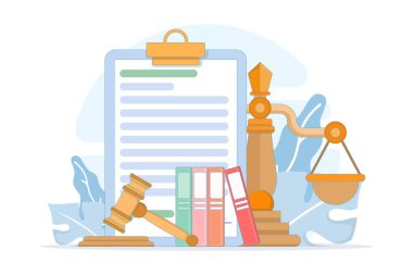 Hukuk ve adalet kavramının vektör çizimi. bir müşteriye danışmak, hakimin tokmağı vurması, hukuki danışmanlık, mahkeme kararı, danışma ve web siteleri veya afişler için hukuki hizmetler sunması.