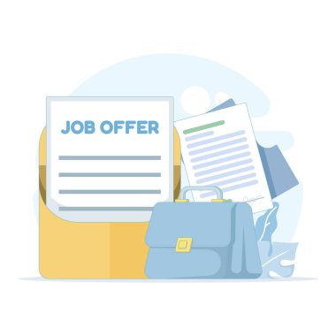 İşe alım ve işe alım sürecinin bir yansıması. Büyük sarı zarfta iş başvuru belgeleri, mektuplar ve istihdam sözleşmeleri, personel temsilcileri ve yeni personel alımları bulunuyor.