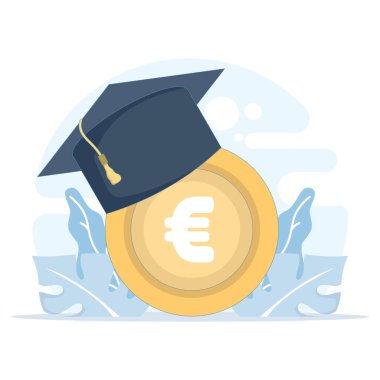 Eğitim ve eğitim ücretlerinin sabit vektörü konsepti. Öğrenim ücretleri, burslar, üniversite ödemeleri ve yüksek öğrenim giderlerini sembolize eden Avrupa sikkeleri, mezuniyet şapkaları ve diploma sertifikaları.