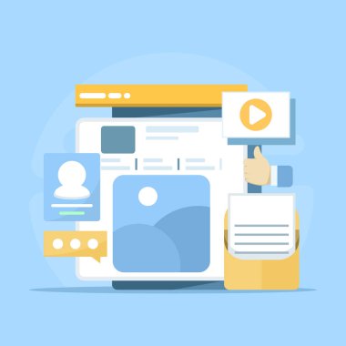 Sosyal medya pazarlama ve yönetimini gösteren düz vektör çizimi. Konseptler arasında e-posta kampanyaları, dijital strateji, SMM, marka analizi ve başarılı çevrimiçi pazarlama planlaması yer alıyor..