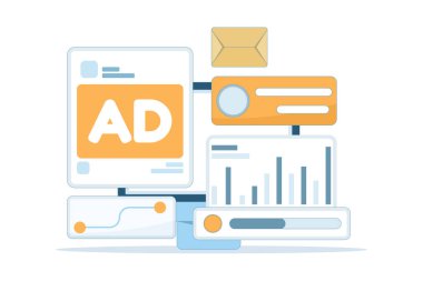 Sosyal medya analitik kavramının düz vektör çizimi. Dijital pazarlama stratejisi için performans takibi, katılım takibi, reklam kampanyası analizi, çizelgeler ve grafiklerin izlenmesi.