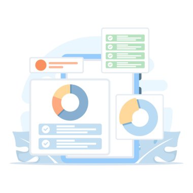 Çevrimiçi pazarlama ve veri analiz kavramının düz vektör illüstrasyonu. Finansal rapor grafiklerini gösteren tablet, iş performansını, analitiği ve dijital pazarlama anlayışını görselleştirme.