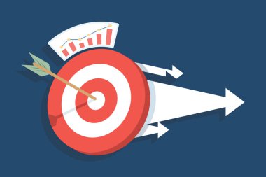 İş hedefleri ve büyüme stratejisinin düz vektör çizimi. Hedefi açık bir şekilde hedefleyen oklar hedefe isabet ederek gelir artışını, tüketici odaklanmasını ve başarılı iş planlamasını sembolize ediyor..