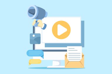 Dijital içerik pazarlamasının düz vektör çizimi. Sosyal medya tanıtımı, içerik stratejisi, mobil reklam kampanyaları ve iş büyümesi için çevrimiçi pazarlama iletişimi.