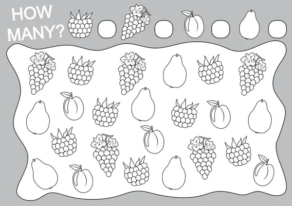Cuente Cuántas Frutas Frambuesa Uvas Ciruela Membrillo Página Para Colorear — Archivo Imágenes Vectoriales