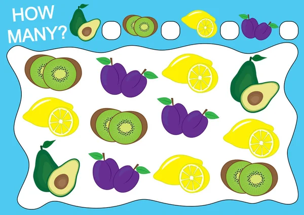 Μετρήστε Πόσα Φρούτα Εκπαιδευτικό Παιχνίδι Για Παιδιά Προσχολικής Ηλικίας Εικονογράφηση — Διανυσματικό Αρχείο