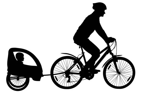 Силуэт Горного Велосипеда Велосипедист Детской Коляской Вектор Семейного Велоспорта — стоковый вектор