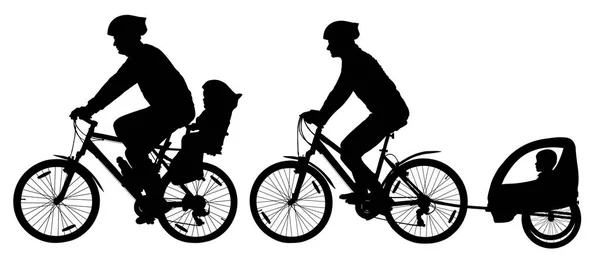 Семья Детьми Путешествует Велосипедах Силуэт Горного Велосипеда Велосипедист Детской Коляской — стоковый вектор