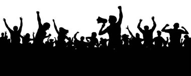 İnsanlar siluet vektör kalabalık. Hoparlör, hoparlör, hatip, sözcüsü. Bir neşeli insanlar kalabalık alkış. Sporseverler. Gösteri, protesto
